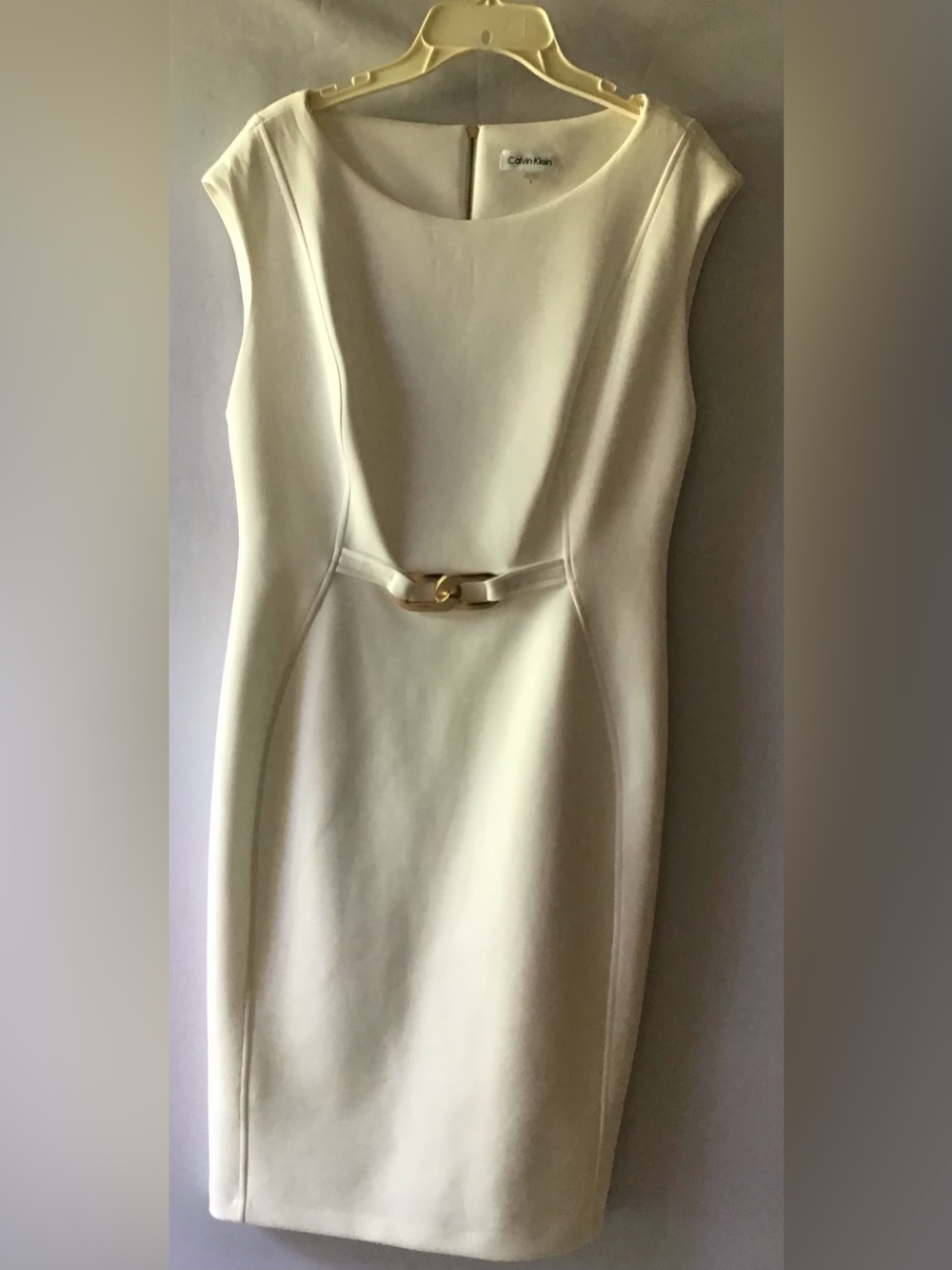 393 Calvin Klein White Sheath Dress with Gold Accent